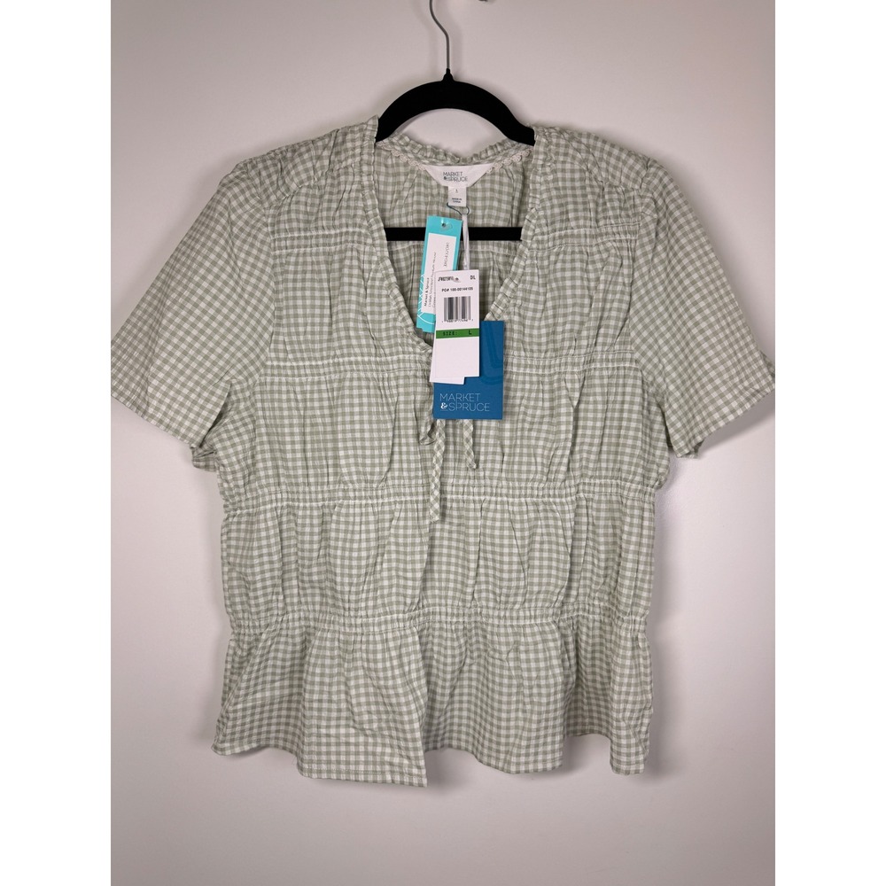 Market & Spruce Peplum Blouse Womens L Green NWT Gingham Smocked Deliah Top